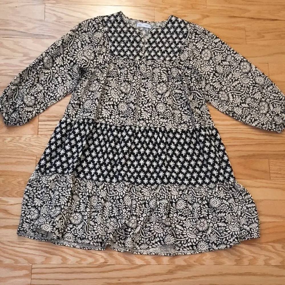 Zara, Black & Cream Bohemian Tiered Dress, Size 13/14 EUC